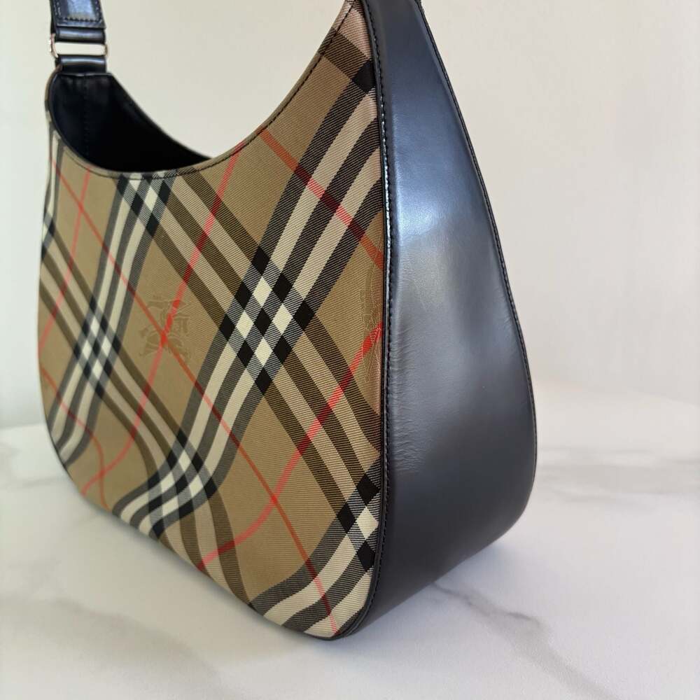 Burberry Nova Check Canvas & Black Leather Front Pocket Buckle Hobo Bag - Picture 6 of 16